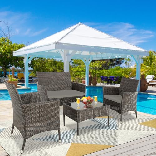 4 Pieces Outdoor Furniture Set PE Wicker Ratten Chairs Set Conversation Set Balcony Furniture with Cushion and Table for Backyard, Garden, Porch and Poolside (Brown/Beige)