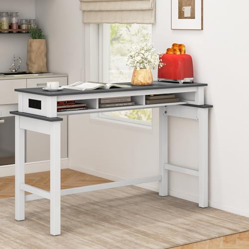 COSTWAY Bar Table with Charging Station, 36” Counter Height Table w/ 3 Storage Compartments, Power Outlets, Modern Farmhouse Console Table for Kitchen, Living Room, Entryway (Black + Walnut)