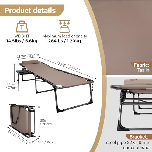 KingCamp Chaise Lounge Outdoor Adjustable Textilene Waterproof Patio Lounge Chair with Side Table Portable Camping Reclining Chair with Pillow (1 Pack, Black)