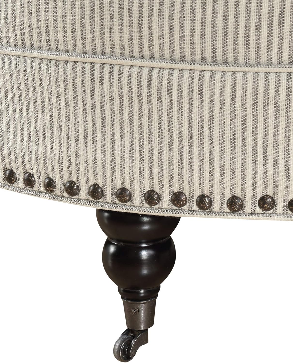 Caroline Pebble Gray Stripe Round Ottoman with Turned Feet, Nailhead Trim, and Seam Welting