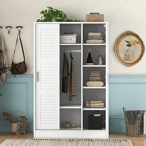 Modern 3-Door Wardrobe Closet with Adjustable Shelves and Sliding Shutter Door, Wood Armoire Wardrobe Closet Bedroom Dresser Wardrobe Clothes Organizer with Hanging Rod, Easy Assembly (White-3A)