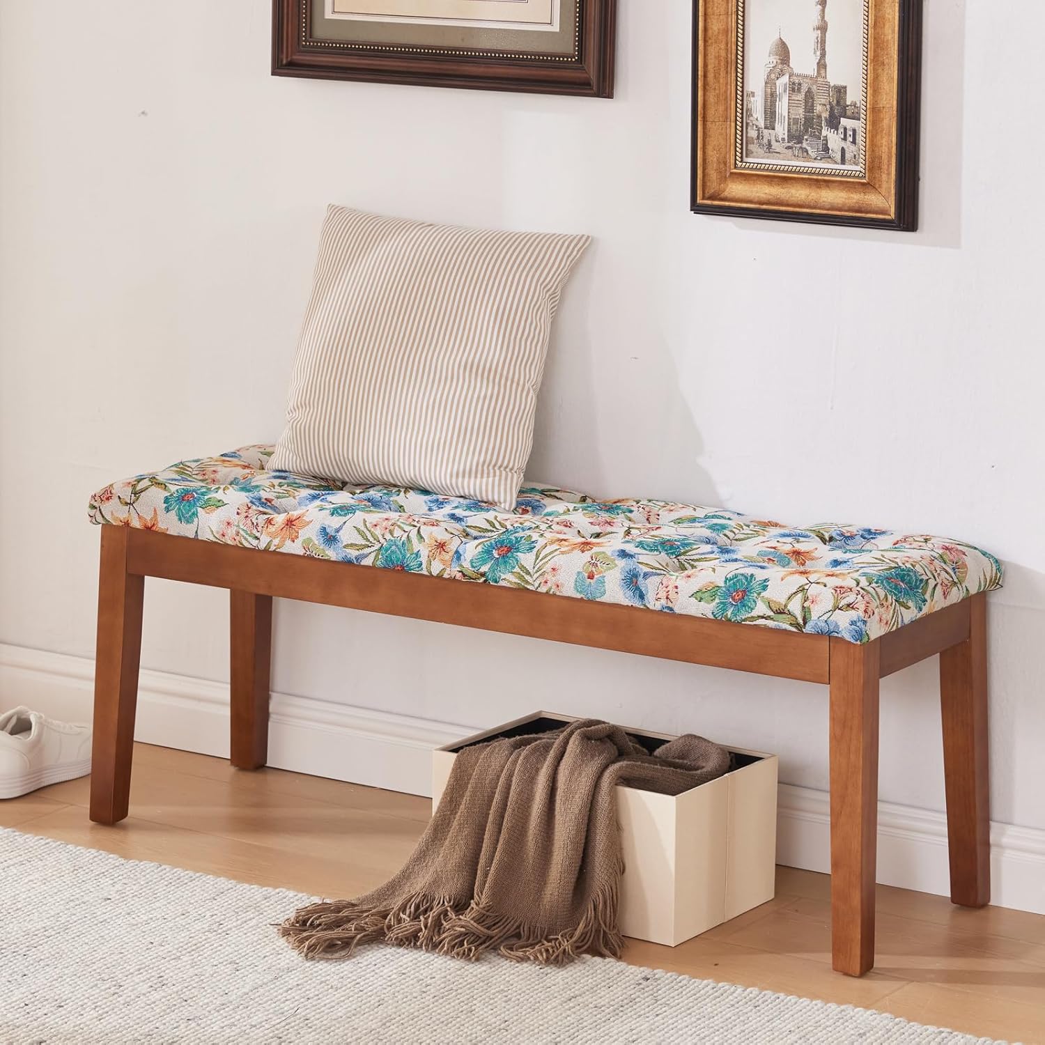 Entryway Bench, End of Bed Bedroom Bench, Dining Bench Ottoman with Solid Wood Legs, Upholstered Tufted Padding Seat for Living Room, Floral White