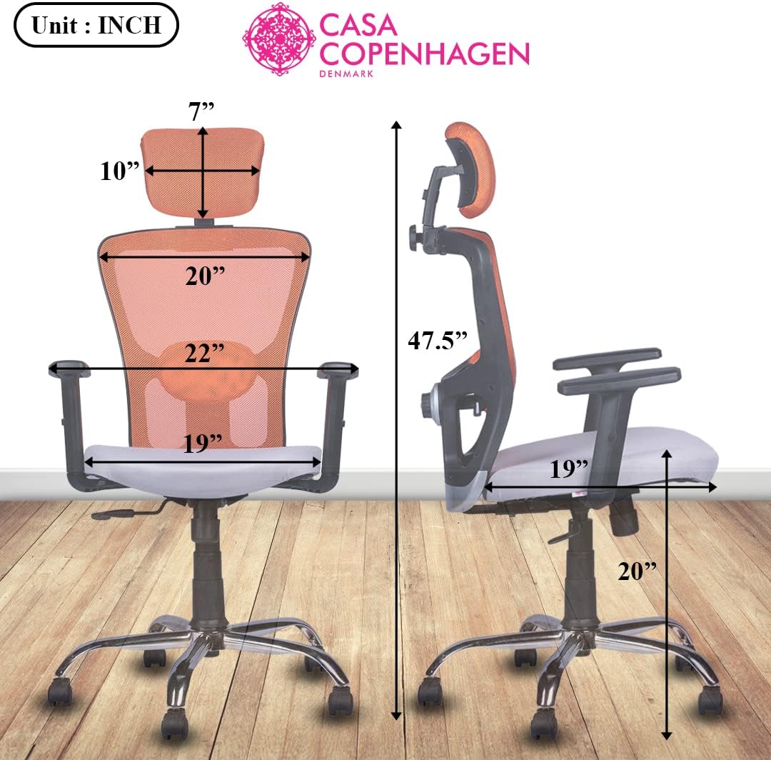 CASA COPENHAGEN California Chair with Adjustable Lumbar Support, High-Back Mesh Computer Chair - Headrest, Soft Sponge Cushion, Swivel Desk Task Chair for Work or Home - Orange & Grey