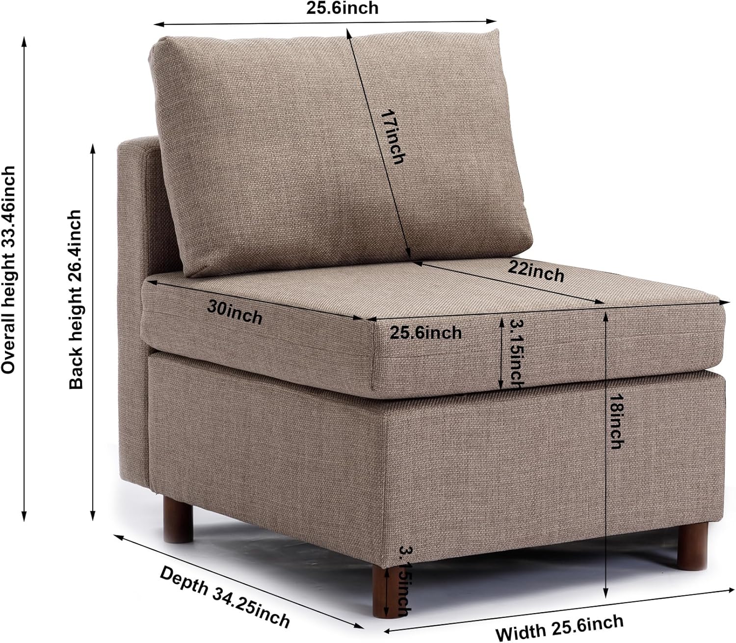 Premium Middle Module Fabric Linen Modular Sofa Sectional Couch - Elegant Grey Accent Armless Chair