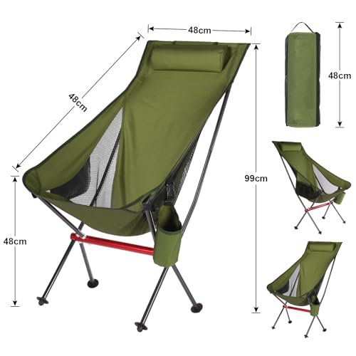 OKYUK Camping Chair, High Back Portable Folding Chair, Aircraft Grade Aluminum Alloy Structure, Built-in Pillow, Side Pocket & Carry Bag, Compact & Heavy Duty for Outdoor Backpacking (Brown)