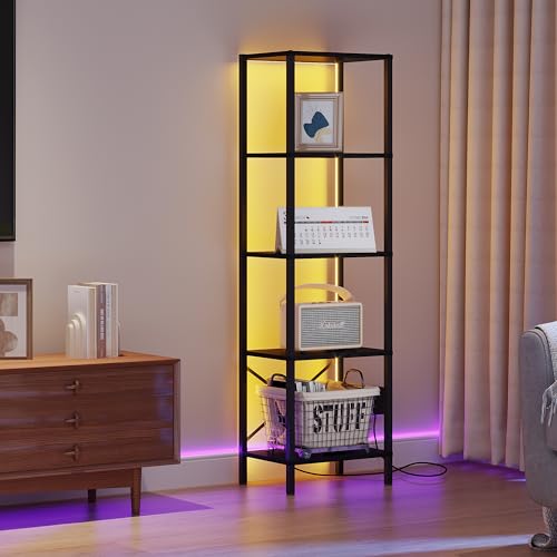 5-Tier Bookshelf, Tall Narrow Bookcase with LED Lights, Book Shelf with Steel Frame, Display Storage Shelf for Living Room, Bedroom, Home Office, Study, Balcony, Black
