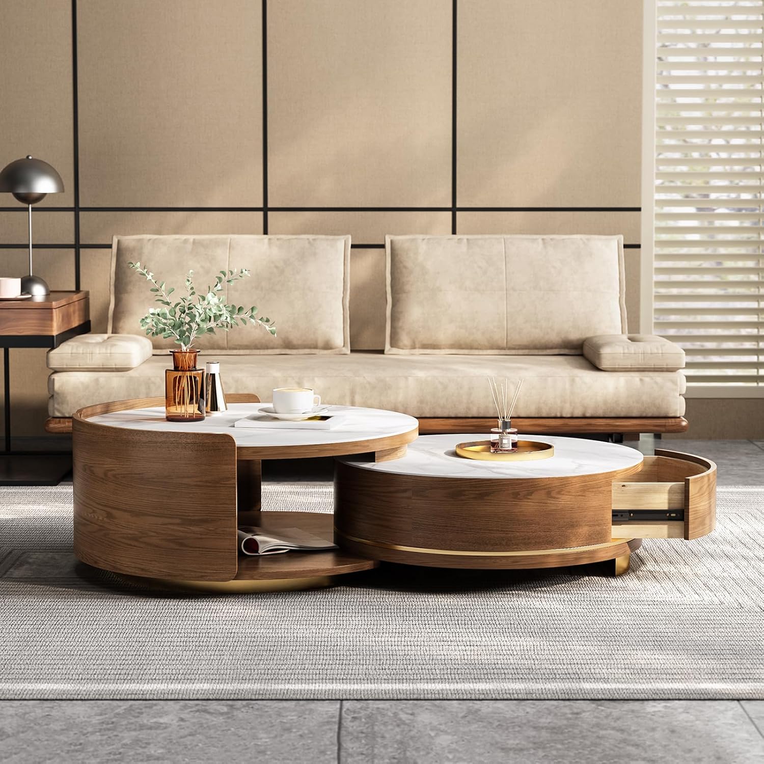 Round rock slab coffee table set, retractable thoughtful design, small house simple retractable size tea table