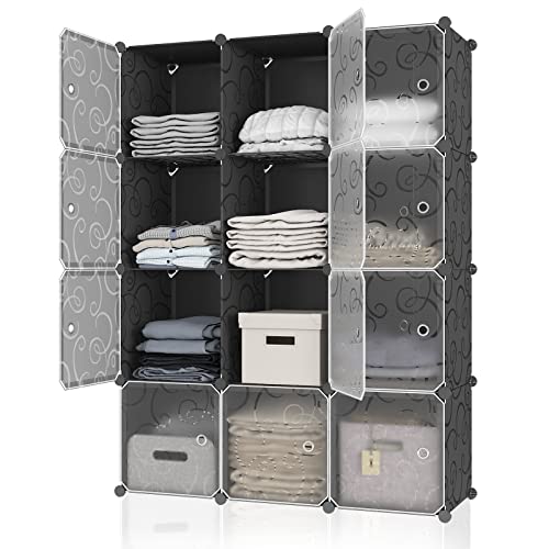 MAGINELS 12 Cube Storage Organizer,Portable Clothes Storage Cabinet. Large Plastic Clothing Storage Shelf,DIY Stackable Cubby Storage Unit for Bedroom,Studyroom,Closet Cabinet,Black(14×14 inch)