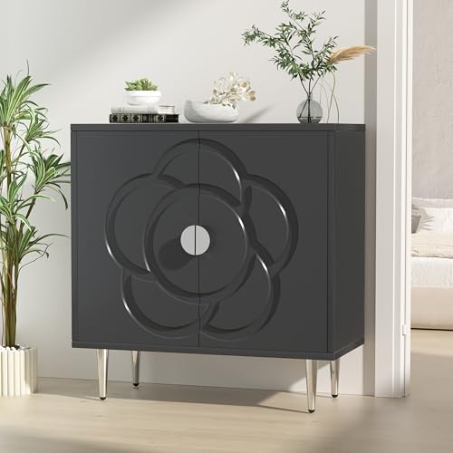 Storage Cabinet with Doors, Accent Cabinet with Decorative Flower Pattern Panel, Modern Sideboard Buffet Cabinet for Living Room, Bedroom, Entryway, White