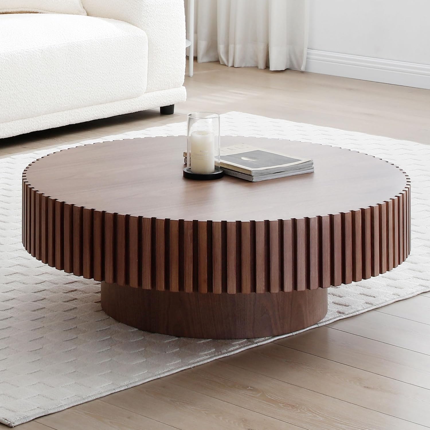 kevinplus 39.37'' Walnut Round Coffee Table Modern Wood Coffee Table for Living Room, Contemporary Circle Fluted Drum Coffee Table, No Assembly, Walnut (ø39.37'' x 13.42'')