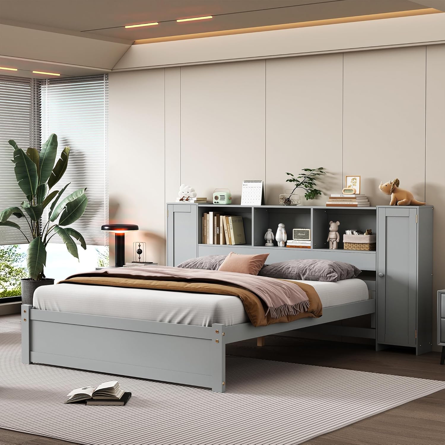 Multiple Design Full Size Platform Bed with Storage Headboard and 2 Side Lockers,Wooden Storage Bedframe with Built-in Shelves,for Teens Adults Bedroom (Gray)