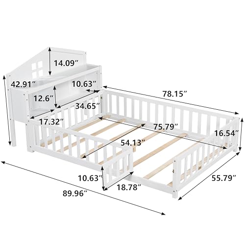 Bellemave Full Size Floor Bed for Kids, Girls, Boys, Solid Wood Montessori Bed with storage headboard, Full Size Montessori Floor Bed with door, kids floor bed with storage, Grey