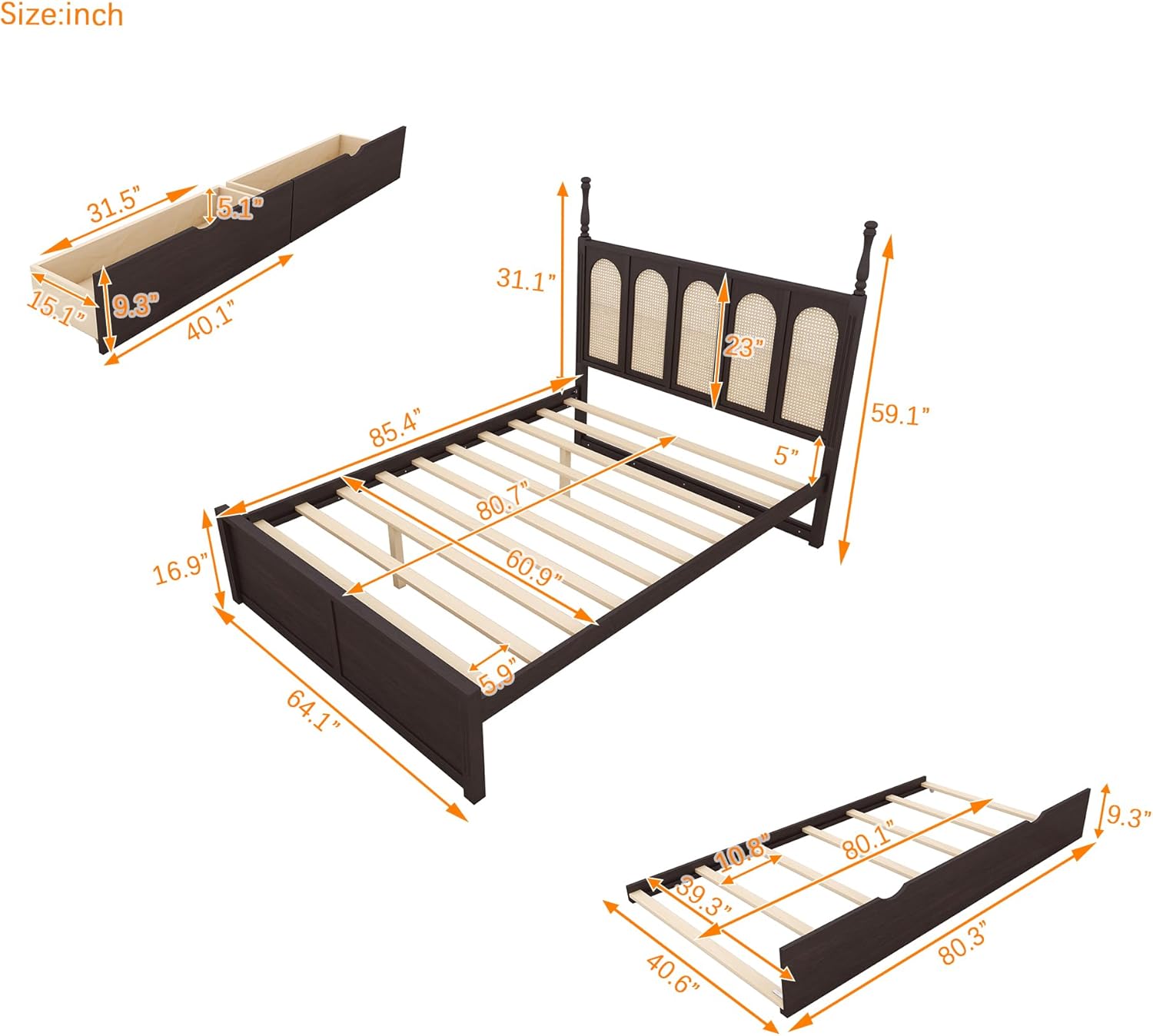 Bellemave Queen Bed Frame with Rattan Headboard, Wood Platform Bed with Storage Drawers and Twin Size Trundle Bed, Queen Storage Bed with Strong Wooden Slats Support,No Box Spring Needed (Espresso)