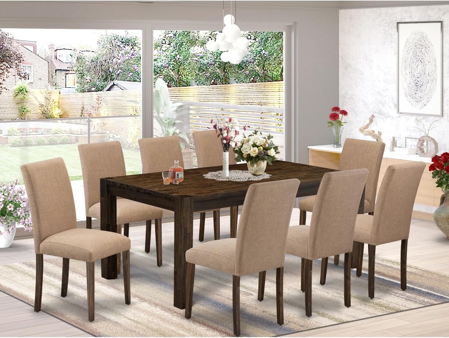 Contemporary Cool 9Pc Dining Table Set ncludes A Dining Room Table & 8 Parsons Chairs with Light Sable Color Linen Fabric, Medium Size Table with Full Back Chairs,