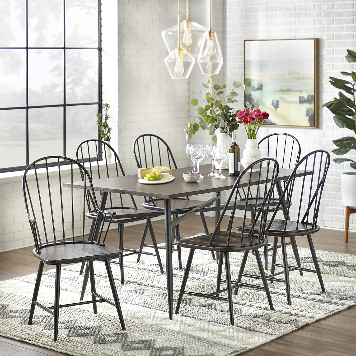 7 Piece Mixed Media Windsor Dining Set with 4 Dining Chairs, 2 Arm Chairs, and 1 Dining Table, Espresso/Black