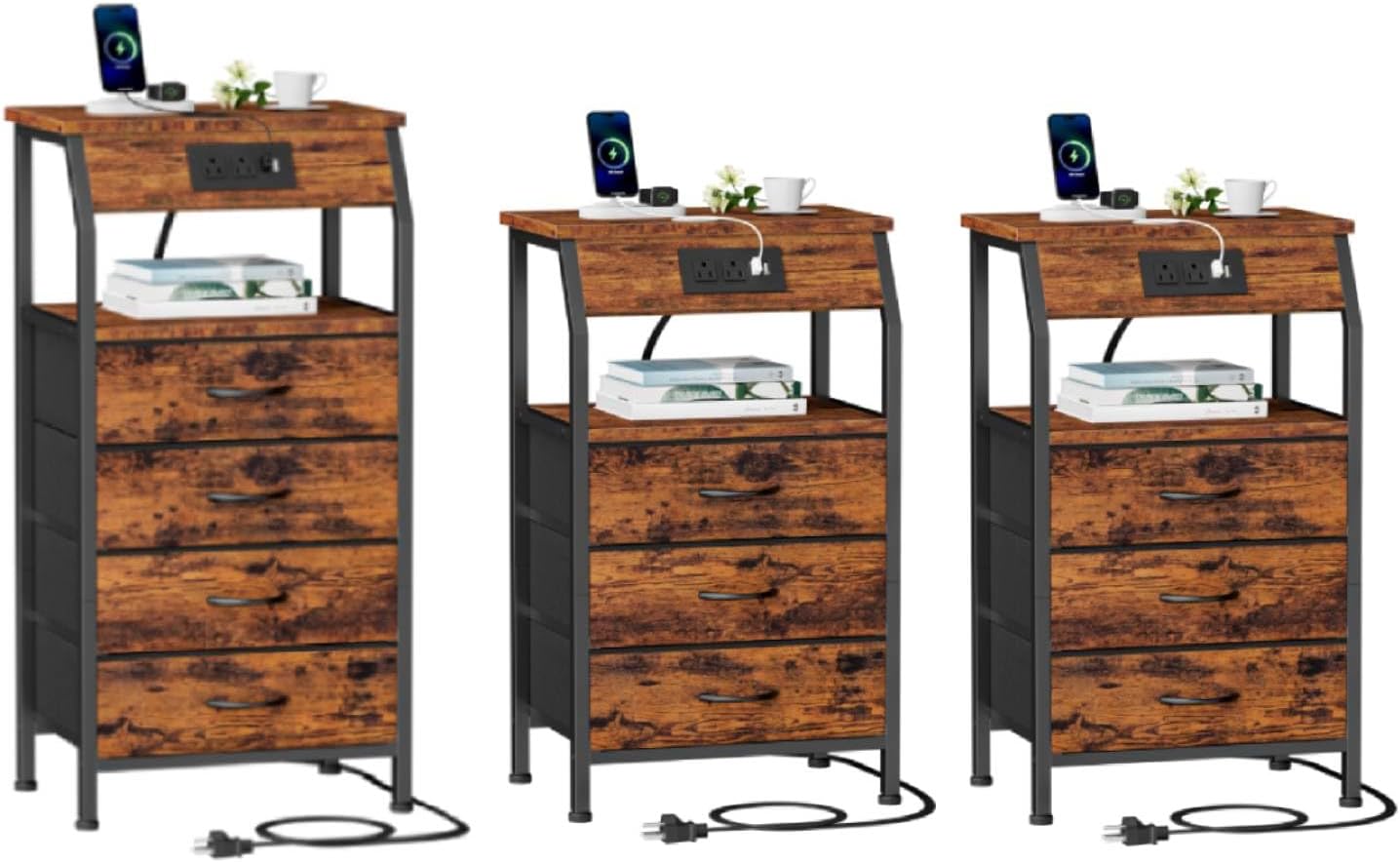 Furnulem Dresser and Nightstand Sets 3 Piece, Small Dresser with 4 Fabric Drawers + 2 Night Stand with Charging Station
