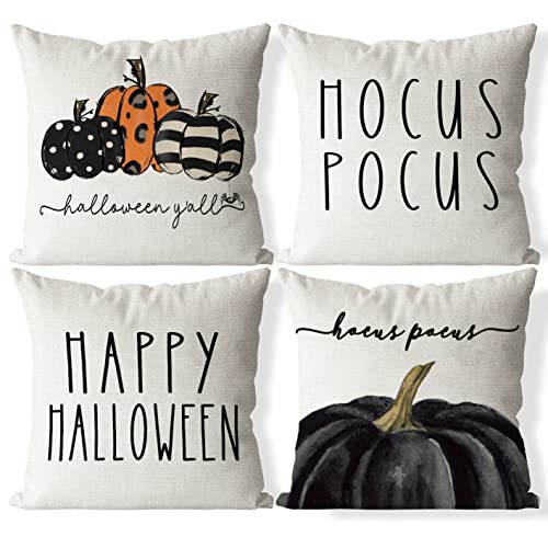 Halloween Pillow Covers 18x18 Set of 4 Vintage Ghost Pumpkins Skull Black Cat Cushion Cases Happy Halloween Sofa Bed Couch Outdoor Farmhouse Decoration