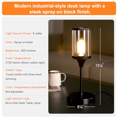Nightstand Lamps set of 2, Unique Industrial 3-Way Touch Table Lamp-2 USB Charging Ports with LED Light Sources, for Bedside & Living Room