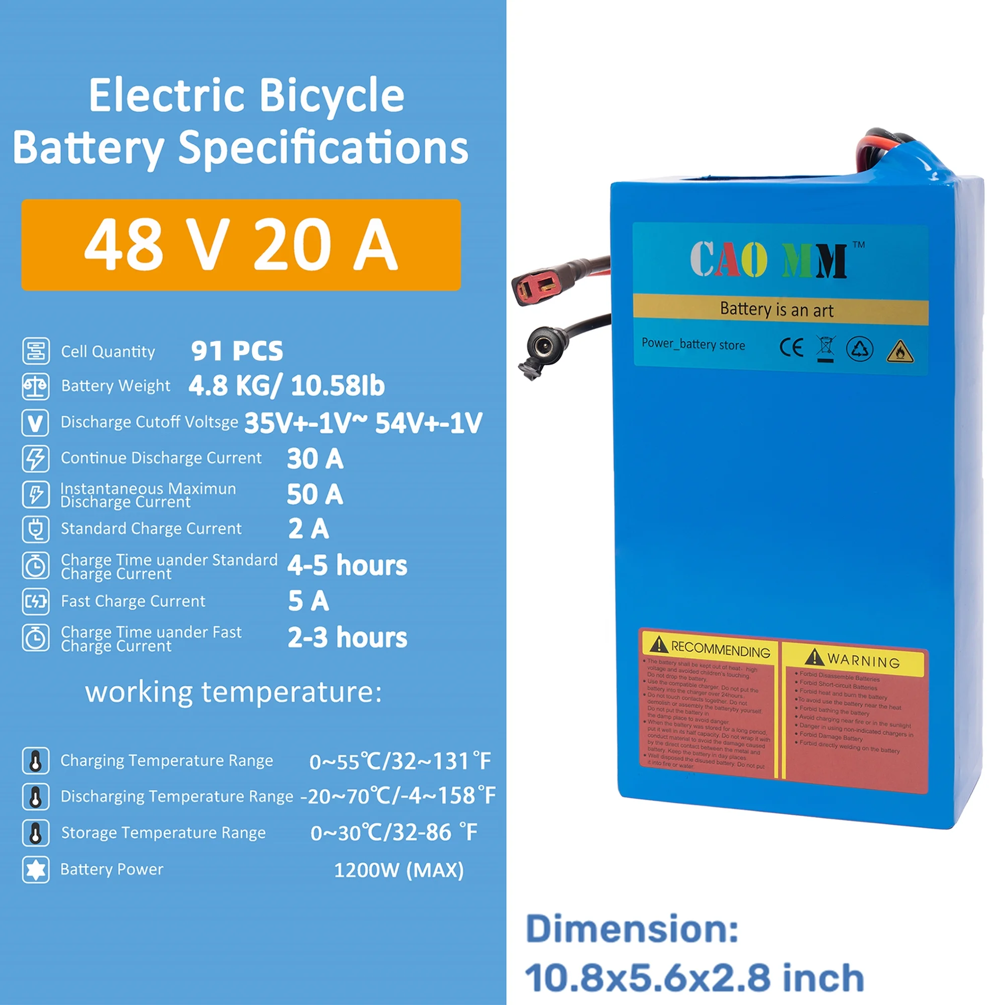 Ebike Battery 48V 20Ah Lithium Battery with Charger XT-90 48V Battery for 1200W Electric Bike Motorcycle