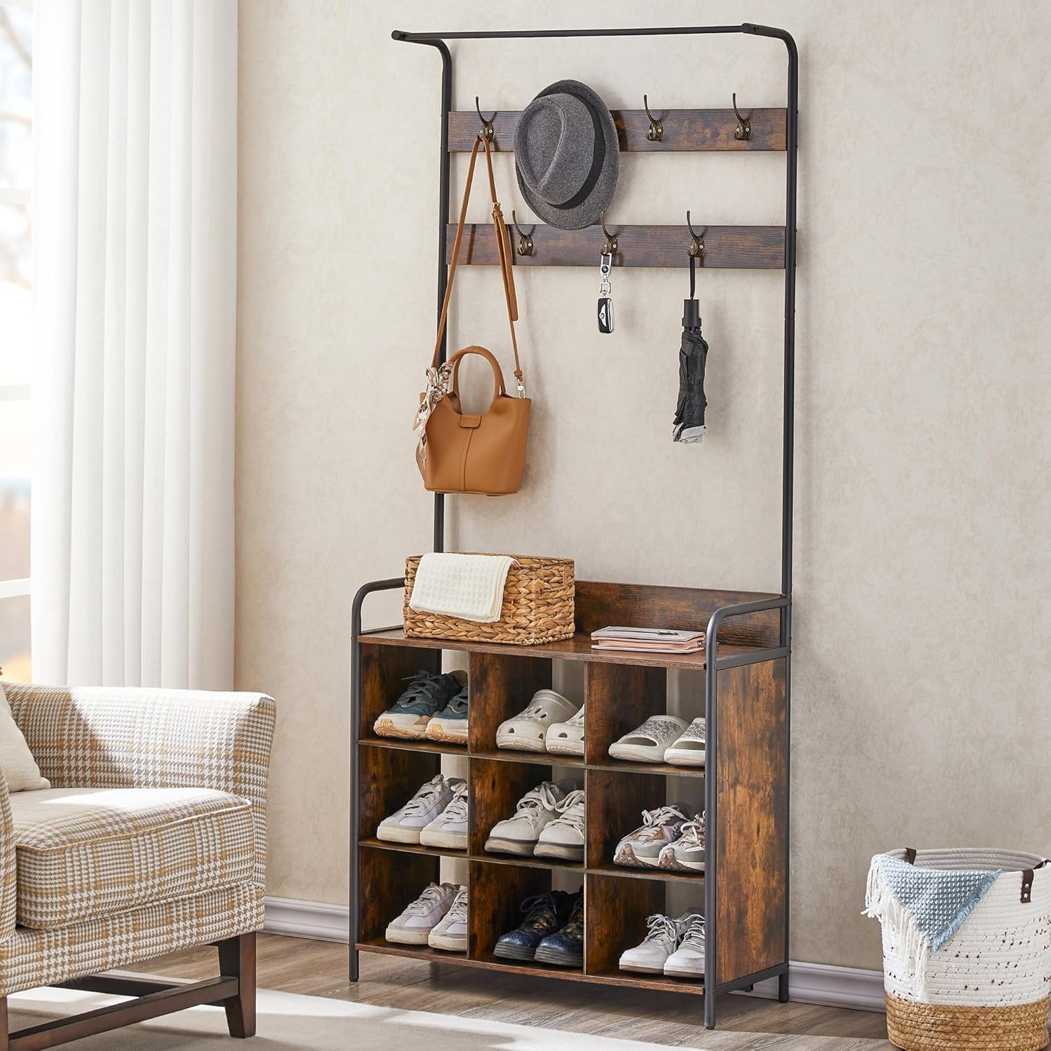 Entryway Shoe Storage Bench with Coat Rack, Hall Tree Coat Rack Shoe Rack Bench, 3-Tier Shoe Rack Storage Shelf with 9 Shoe Cubbies & Hooks & Hanging Rod for Entrance Hallway Mudroom