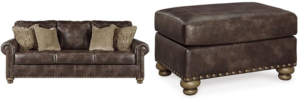 Signature Design by Ashley Nicorvo Traditional Faux Leather Sofa with Gold Nailhead Trim, Brown & Nicorvo Traditional Faux Leather Ottoman with Gold Nailhead Trim, Brown