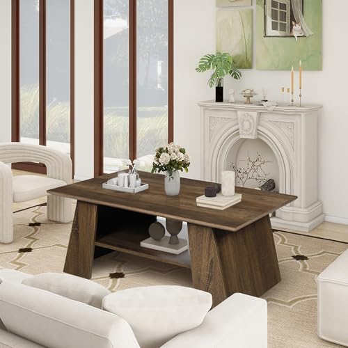 AILEEKISS Coffee Table with Storage Shelf, 2-Tier Mid Century Modern Coffee Tables, Farmhouse Wooden Center Table for Living Room, Bedroom, Office, Balcony (Black Marble & Brown)