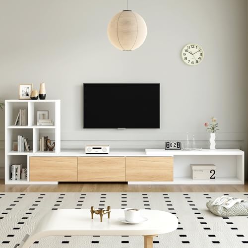 74.8''-126'' TV Stand with 3 Tier Bookshelves for TVs up to 110'', Modern Extendable TV Stand with Sliding Tabletop, Wood Gaming Entertainment Center Media Stand with Adjustable Width,White