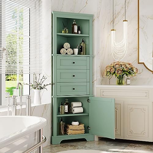 Triangle Tall Corner Cabinet Drawers and Adjustable Shelves Tall Hutch Corner Bar Cabinet with Door for Kitchen Green