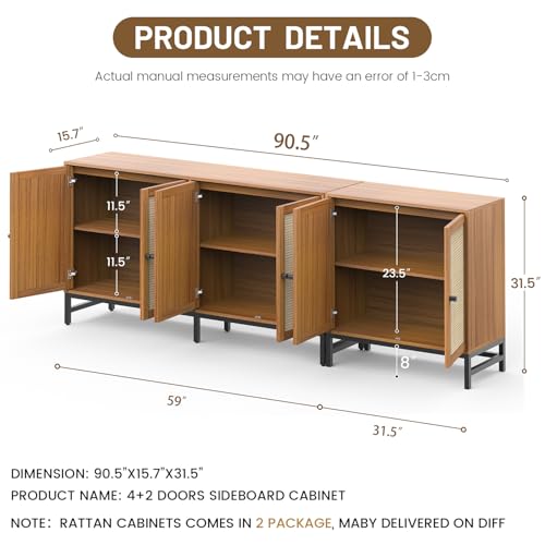 Credenza Rattan Buffet Cabinet, Sideboard Storage Accent Cabinet with 6 Wicker Doors, 90.5