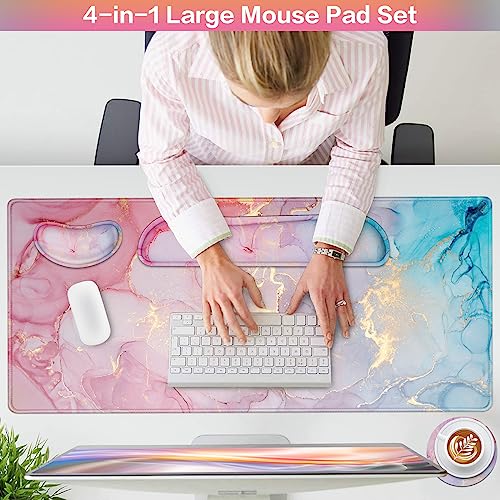 Mouse Pad with Wrist Rest,QOMOLAMA 4-in-1 Large Mousepad+Keyboard Wrist Rest+Mouse Pad Wrist Support+Cup Pad Set,Ergonomic Mouse Pad,Anti-Slip,Memory Foam Desk Mat for Home Office Gaming(35.4×15.7in)