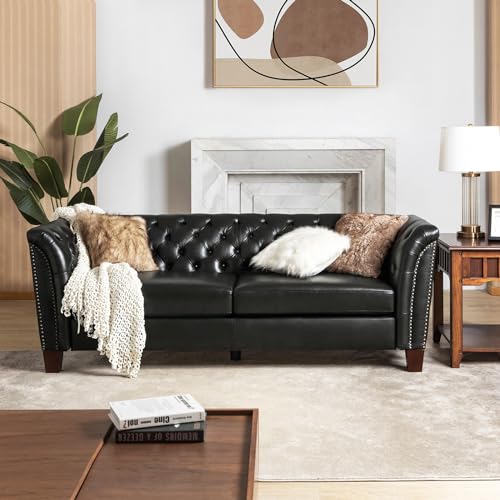 HULALA HOME Tufted Genuine Leather Sofa Couch 2-Seater Chesterfield Sectional Sofa for Living Room, Burgundy