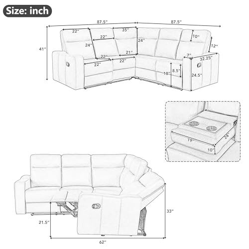 P PURLOVE Modern Palomino Fabric Reclining Sofa with Flipped Middle Backrest, Recliner Couch with 2 Cup Holders, Living Room Furniture Set for Office, Apartment, Bedroom (Black Blue)