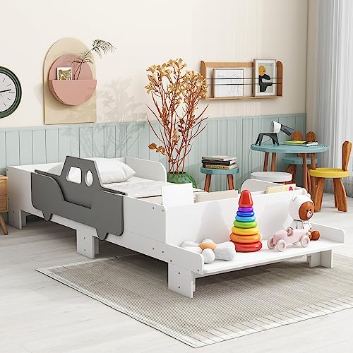Bellemave Full Size Race Car Bed for Kids,Wood Car-Shaped Platform Bed with Storage Shelves,Car Bed Full with Wheels for Boys,Girls,(Full,Blue)