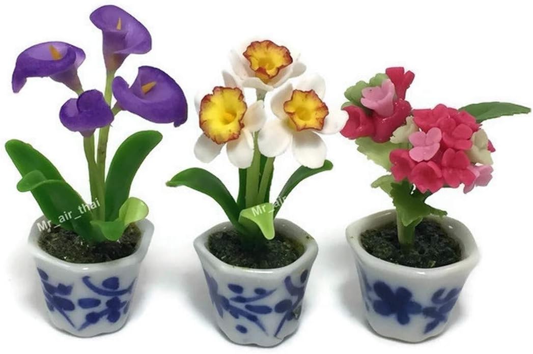 3pc Miniature Flower Clay Dollhouse Fairy Garden Mini Plant Trees Ceramic Paint Furniture Bundles Artificial Flowers Tiny Orchid #117