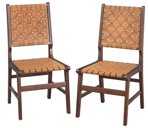 Brady Woven Vegan Leather Dining Chairs with Solid Rubberwood Frame, Mid Century Modern Accent Armless Seat, Stylish and Durable, Brown