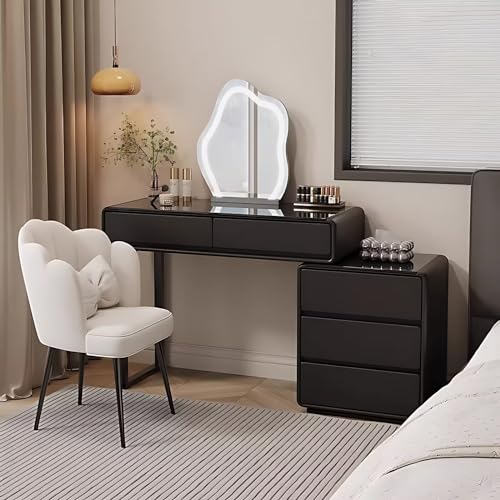 Black Makeup Vanity - Luxury Vanity Desk with Smart LED Lights Mirror & Chair, Solid Wood Frame Vanity Set Include 5 Drawers and 3C Tempered Glass Tabletop (39'')
