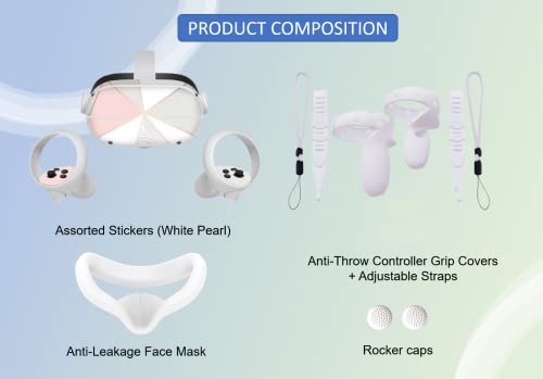 Set 3-in-1 Compatible with Oculus Quest 2/Meta Accessories: Anti-Leakage Face Cover + Non-Slip Grip Covers + Stickers | Sweatproof Anti-Dirty Virtual Reality Decal Skin (White Pearl)