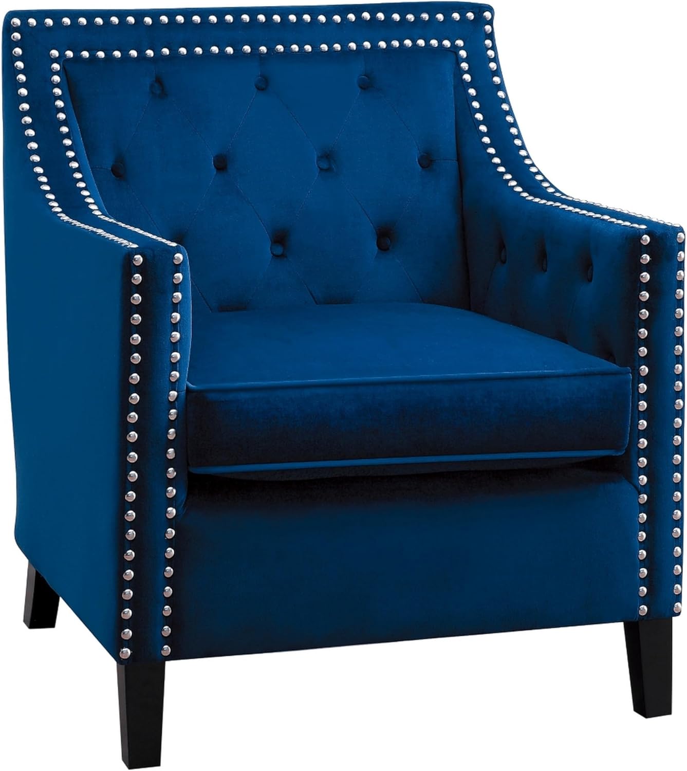 Benjara Soma 31 Inch Accent Armchair, Button Tufted Velvet, Nailhead Trim, Navy Blue and Black