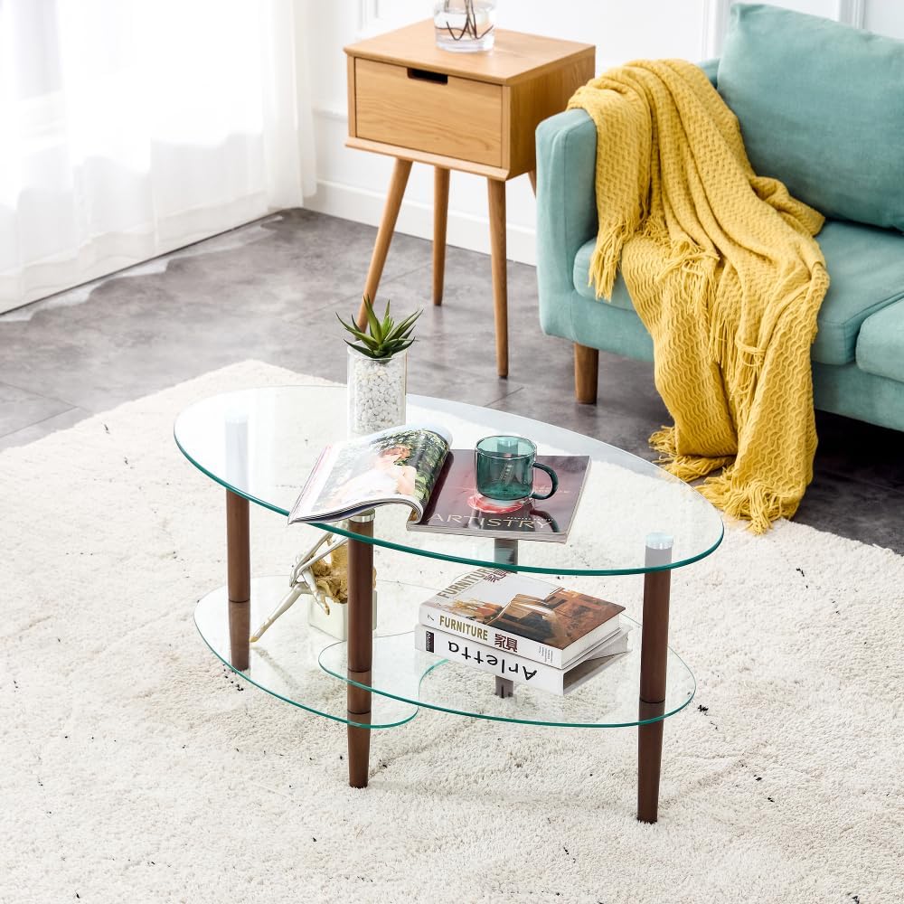 Transparent Oval Glass Coffee Table, Modern Table in Living Room Oak Wood Leg Tea Table 3-Layer Glass Table Brown W24194362
