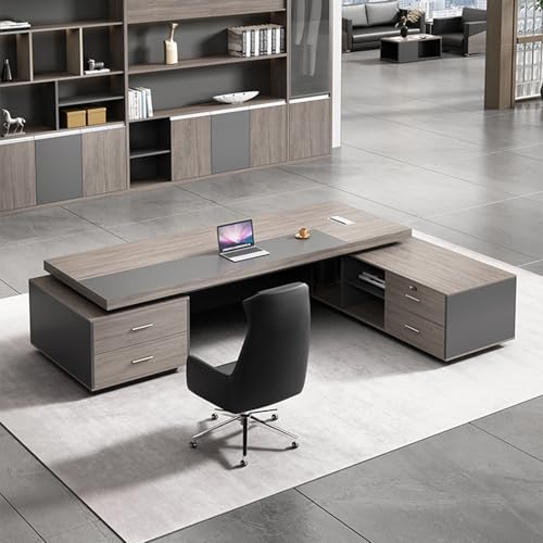 L-Shaped Executive Office Desk with Drawer, Large Modern Office Desk with Power Outlet, Business Furniture Office Workstation for Home Office