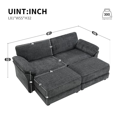 Sectional Sofa for Living Room with Ottoman, Modern Chenille Oversized Loveseat Comfy Sleeper Deep Cloud Couch for Apartment, Small Spaces
