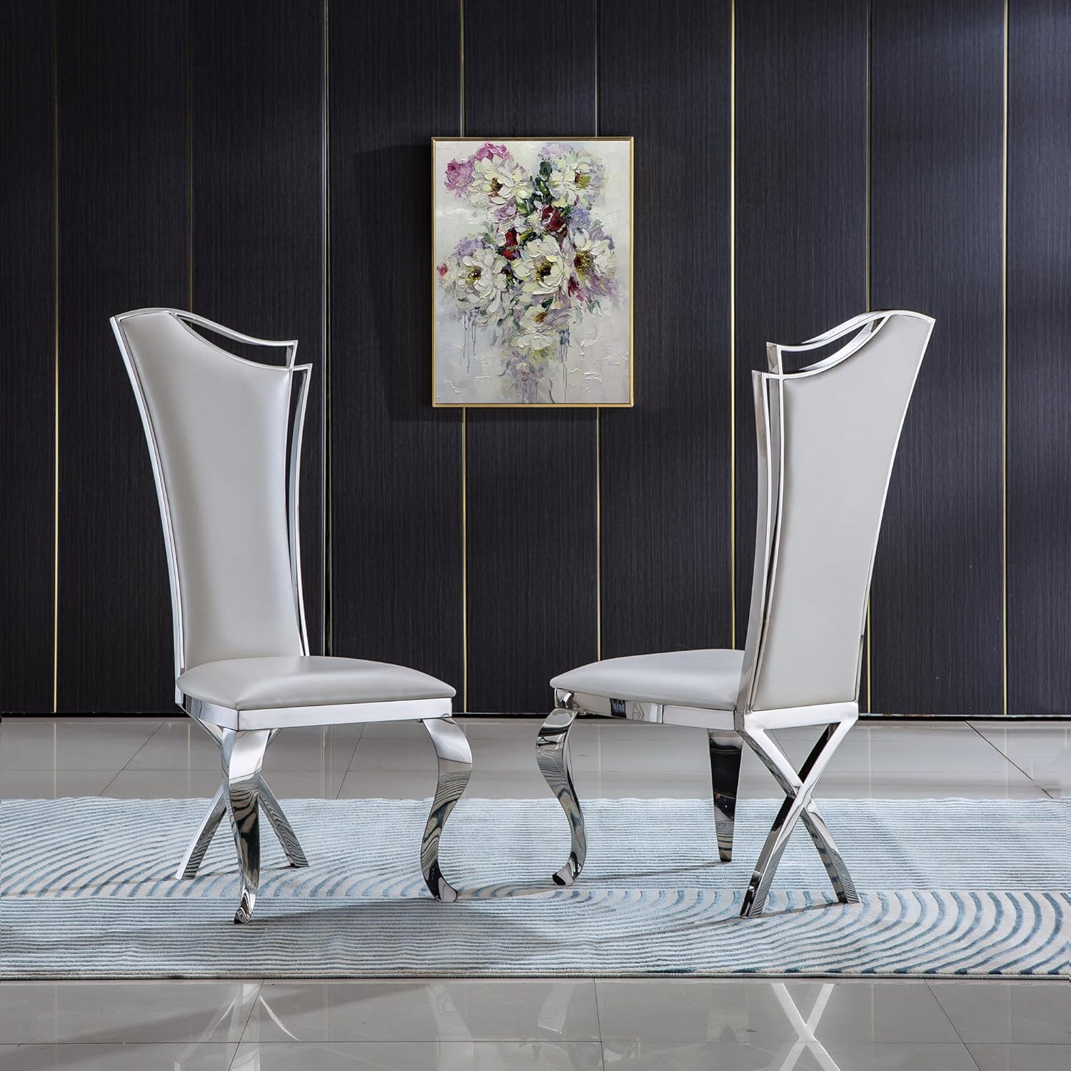 Henf Luxury Dining Table Set for 6, 7 Piece Faux Marble Kitchen Dining Room Table and 6 White PU Leather Upholstered Chairs w/Stainless Steel Legs, Modern Marble Kitchen Dining Table and Chairs Set