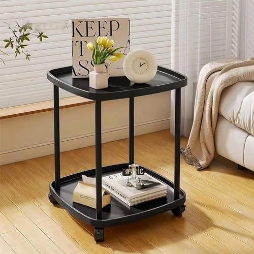 Small Round Side End Table, 3-Tier Modern Nightstand Side Table with Wheels, Bedside Table Mobile Sofa Side Table with Steel Frame & Plastic Tray for Living Room, Bedroom. Office (2-Tier, Blue)