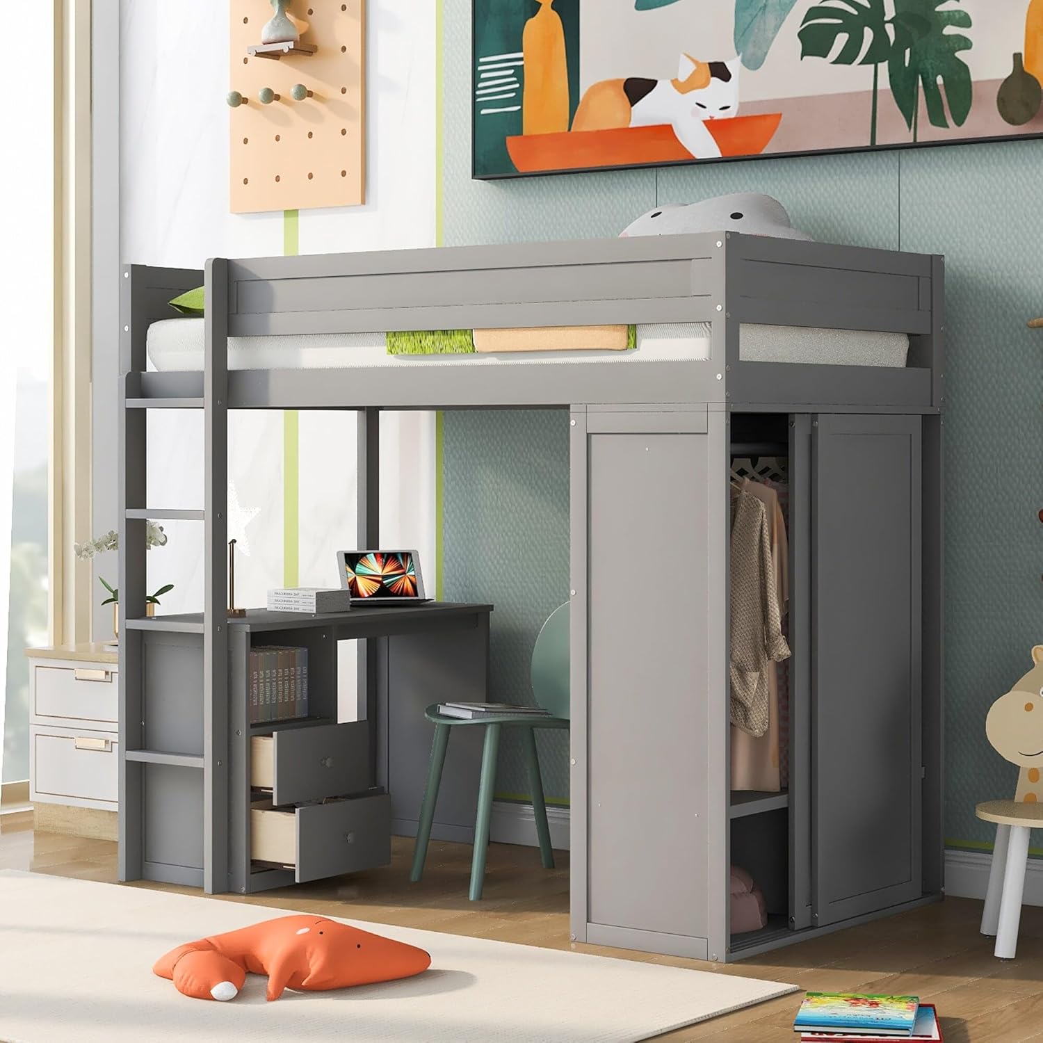 Twin Loft Bed with All-in-one Desk Drawers Cabinet Grey Modern Contemporary Traditional Unisex Construction Space MDF Wood Hidden Storage Includes Hardware