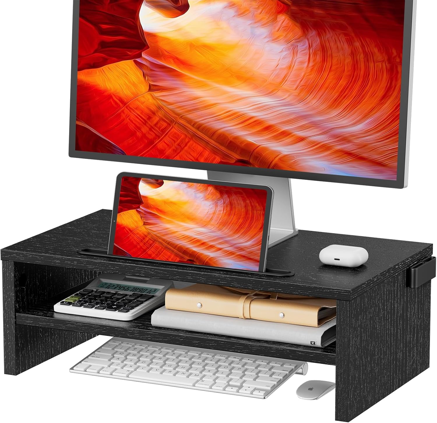 LORYERGO Monitor Stand - Monitor Riser 16.5 inch, 2 Tier Computer Stand, Monitor Stand Riser w/Cellphone Holder & Storage Space, Desk Stand for Laptop, Printer, PC, for Home & Office