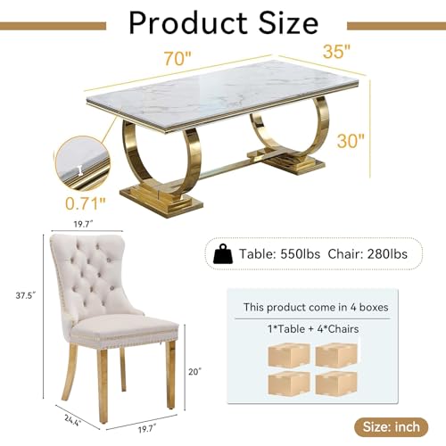 Henf White Marble Dining Table Set for 6, 7 Piece Modern Faux Marble Kitchen Dining Table and 6 Grey Velvet Upholstered Chairs w/Stainless Steel Legs, Luxury Gold Kitchen Dining Table and Chairs Set