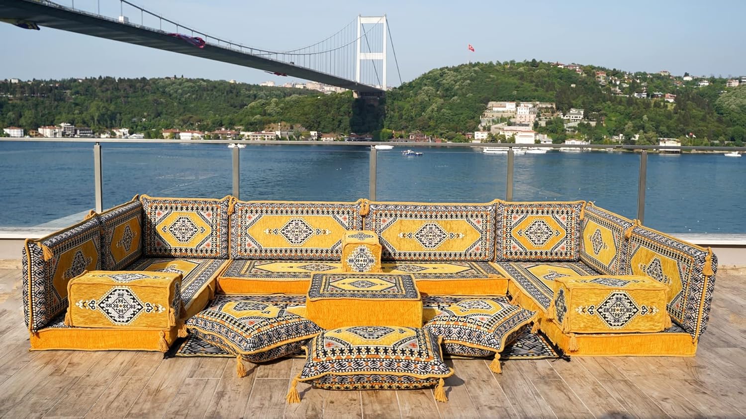 U Shaped Arabic Sofa Set, Floor Cushions, Patio Sofas, Floor Sofa, Pallet Sofa, Ethnic Sofa, Moroccan Rug, Sectional Sofas, Arabic Majlis Set (4'' Thickness Sofa, U Sofa Full Set, Yellow)
