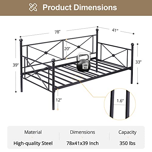 VECELO Metal Daybed Frame Multifunctional Platform Bed Sofa Mattress Foundation with Deluxe Headboard, Twin,Matte Black