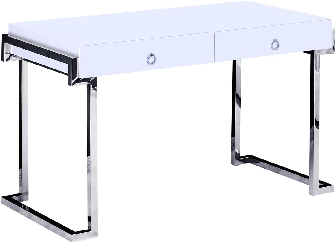 Best Master Furniture Juneau White Lacquer Modern Computer Desk, Silver