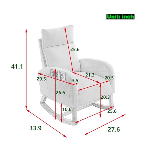 Modern Rocking Glider Chair, Teddy Fabric Upholstered Accent Rocker Chair with High Backrest and Armrests, Leisure Single Sofa with Wooden Legs and Side Pockets, for Living Room Bedroom Office, Coffee